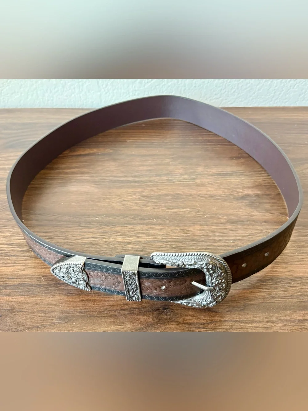 Embossed Brown Leather Western Belt with Ornate Silver Buckle Tooled M